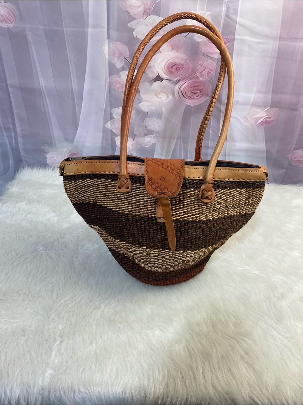 Woven Straw Tote Bag with Leather Trim - Brown & Tan